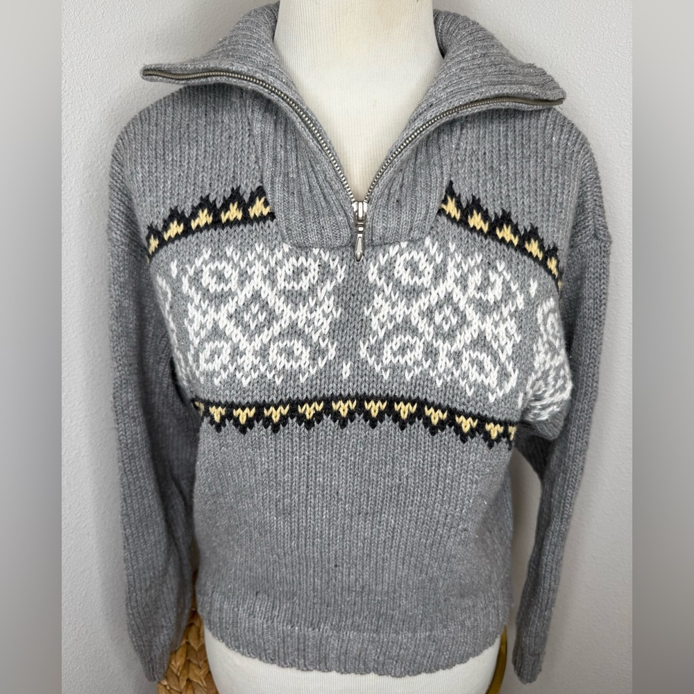 Jay Jacobs sweater Fair Isle Collared half zip knit grey sz M cotton Vtg 90s